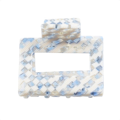 Image of blue and white check pattern (daydream) small square hair claw on white background