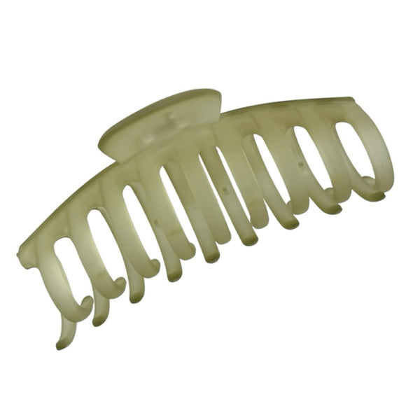 Translucent large hair claw in olive colour made with acrylic material.
