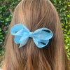 Girl wearing light blue diamonte hair bow.