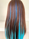 Ladies head has blue ombre clip-in hair extension.