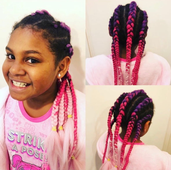 Girl wearing jumbo hair braid in pale pink, hot pink & purple. Measurements: Each strand is 48 inches long.