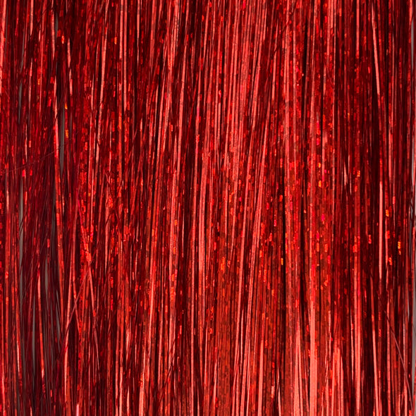 Red hair tinsel - 48 inches long and comes in a pack of 120 strands.