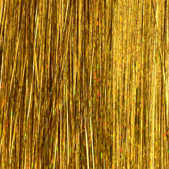 Gold hair tinsel - 48 inches long and comes in a pack of 120 strands.