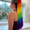 Girl wearing rainbow colour hair extension on elastic.