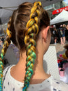 Girl wearing jumbo hair braid in Yellow, Green & Aqua. Measurements: Each strand is 48 inches long.