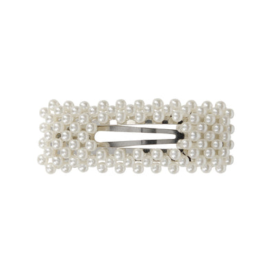 Gorgeous small pearl (faux) semi covered rectangle shape hair clip in silver setting.