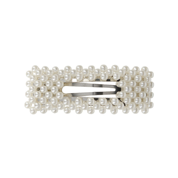 Gorgeous small pearl (faux) semi covered rectangle shape hair clip in silver setting.