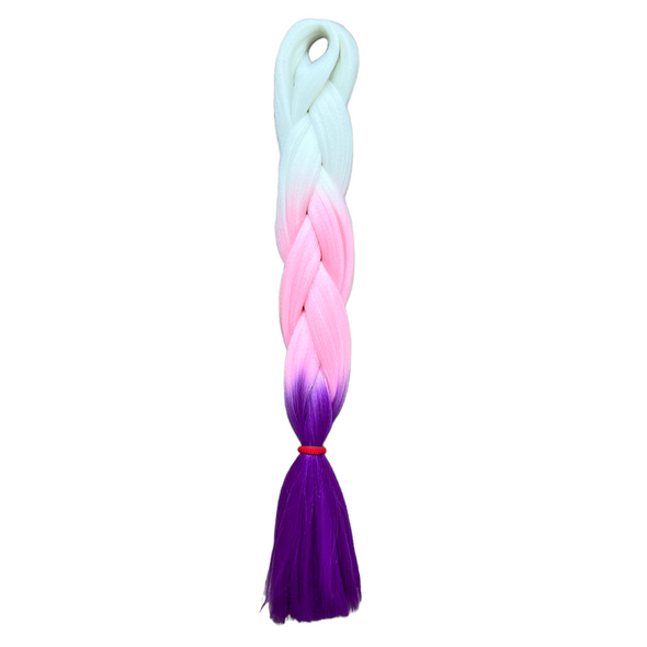 Jumbo hair braid in white, pink and purple.