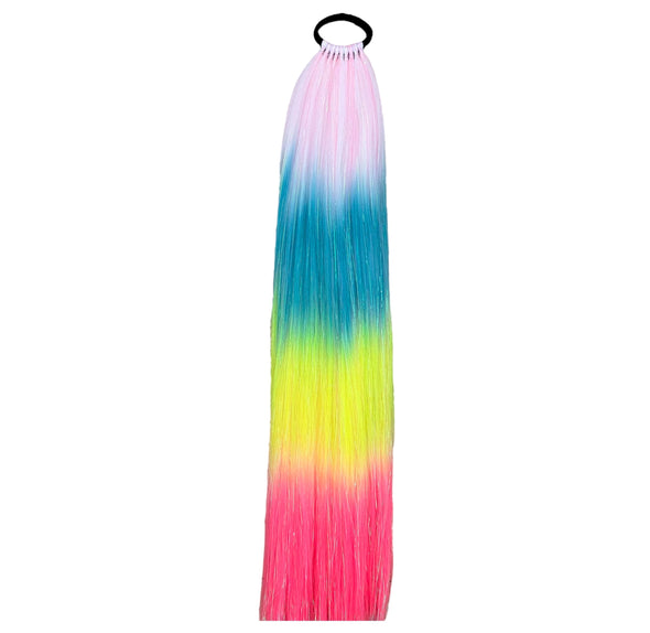 Jumbo hair braid on elastic in light pink, blue, yellow, hot pink with tinsel.