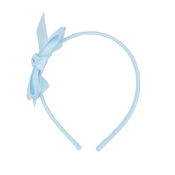 Pale blue headband with bow.