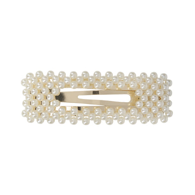 Large pearl semi covered rectangle shape hair clip in gold colour setting.
