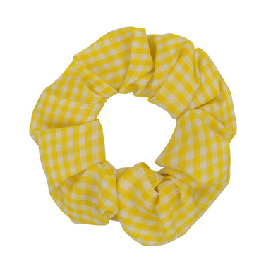 Yellow - Picnic 4 2 Scrunchie. Colour/Pattern: Yellow and white gingham.  Material: Cotton. Dimensions: Material width approximately 4cm.  Made by us in Bondi Beach.