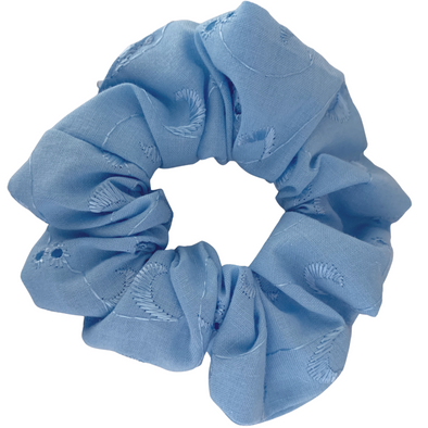 Blue - Jessica Scrunchie (Blue). Colour/Pattern: Stunning blue broderie anglaise scrunchie.  Material: Cotton.  Dimensions: Material width approximately 4cm.  Made in Bondi Beach.
