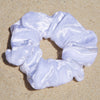 White - Evie Scrunchie. Colour/Pattern: White Material: Velveteen. Dimensions: Material width approximately 4cm Made by us in Bondi Beach.